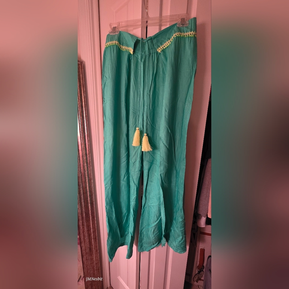 L Trina Turk Turquoise Yellow Tassel Wide-Leg Designer Beach Pants